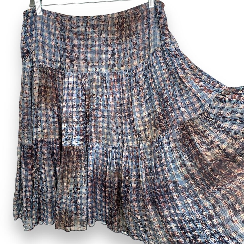 Peruvian Connection Tiered Skirt Blue Plaid Boho Flowy Midi Lightweight Size 14